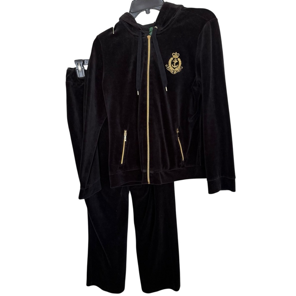 Lauren Ralph Lauren Black Velour Zip Hoodie & Pant Set with Gold Crest Vintage